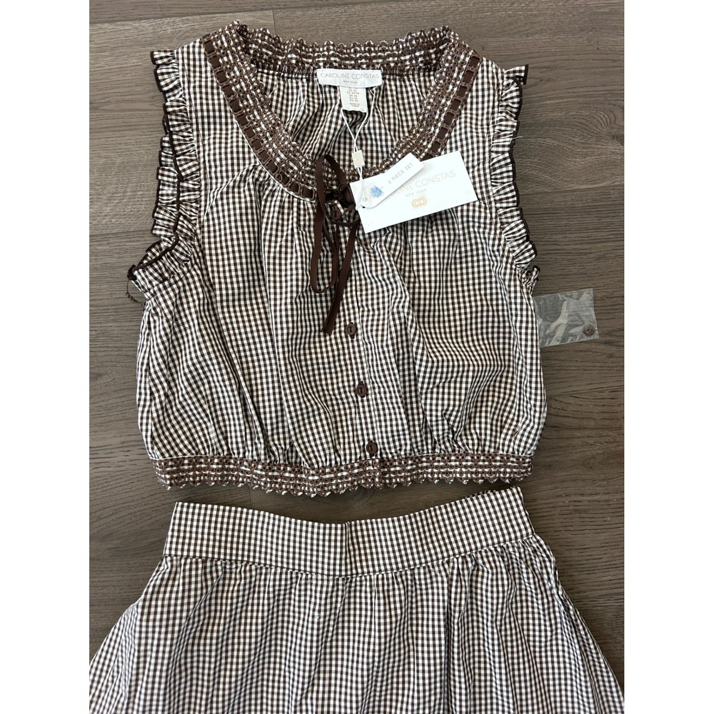 Caroline Constas Brown Gingham 2 Piece Set Crop Top Maxi Skirt XS New With Tags - Picture 2 of 3